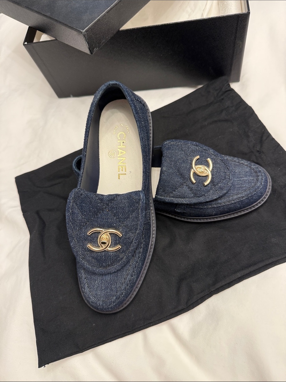 CHANEL Denim Loafers with Gold CC Hardware in Dark Blue.Box & dust bags included - Picture 6 of 8